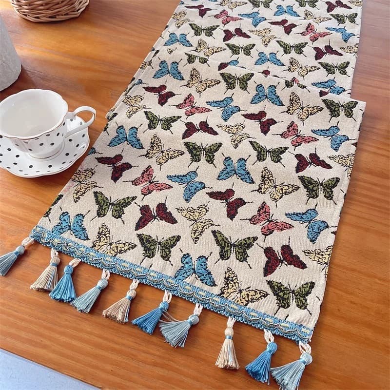 ผ้าคลุมโต๊ะผ้าผสมคอตตอน ลายผีเสื้อและดอกไม้