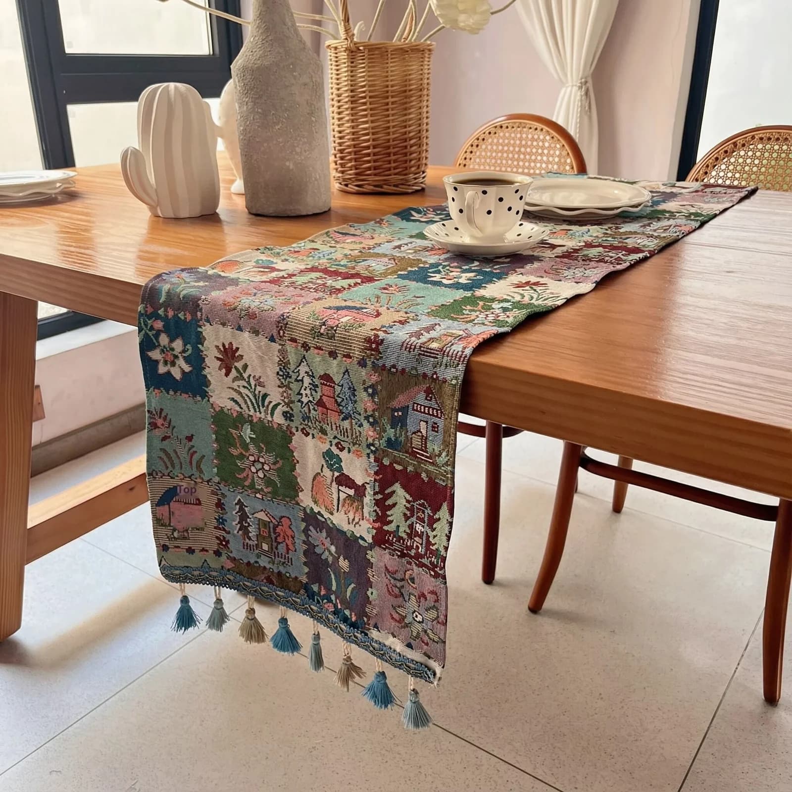 ผ้าปูโต๊ะลายดอกไม้ สไตล์ฝรั่งเศส ผ้าผสม cotton linen